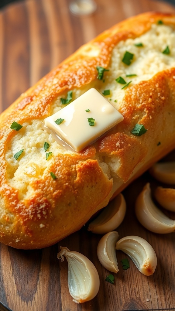 Golden brown garlic bread with melted butter and parsley on a rustic wooden table.